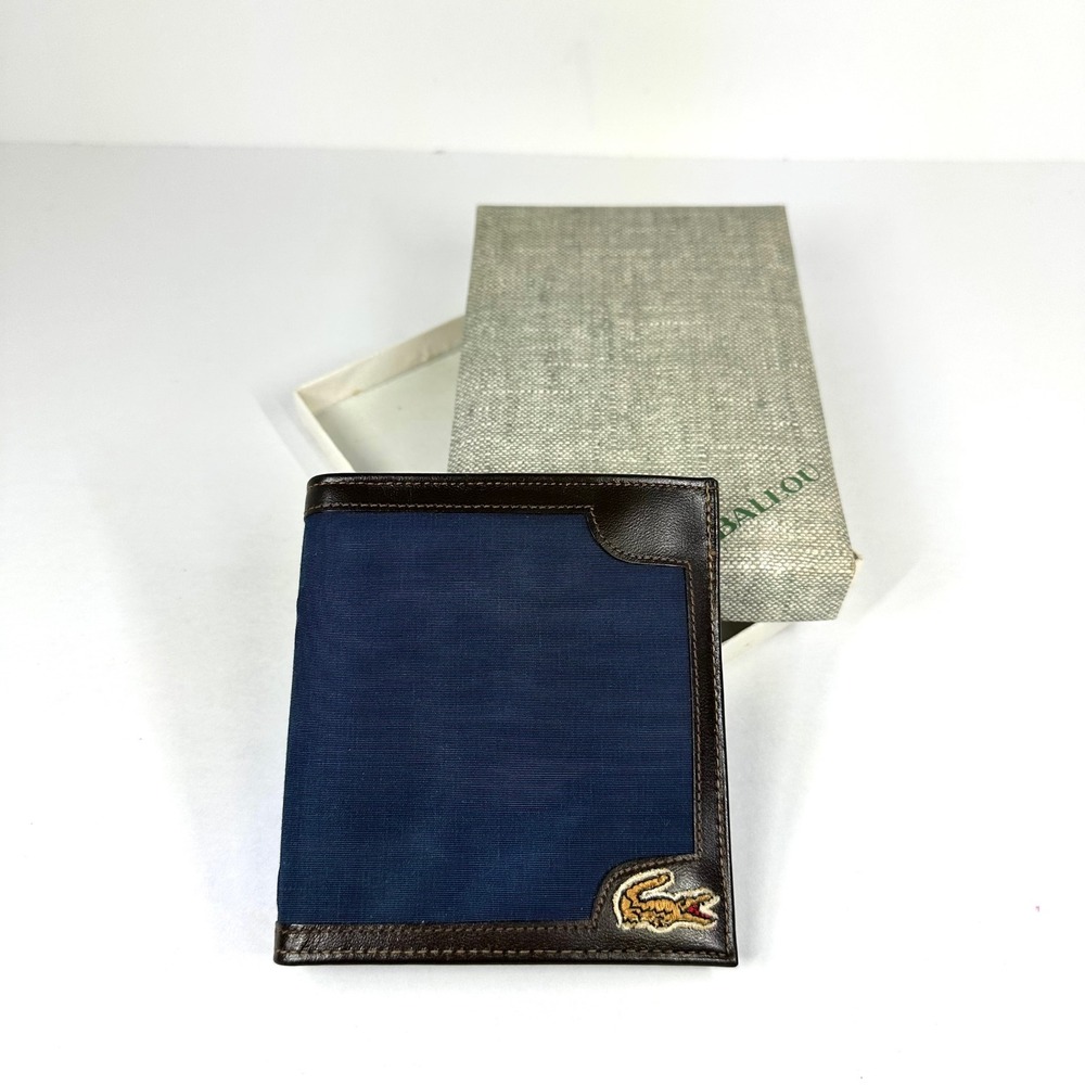 Lacoste Vintage Mens Bifold Wallet Navy Blue Canvas Brown Leather Crocodile Logo